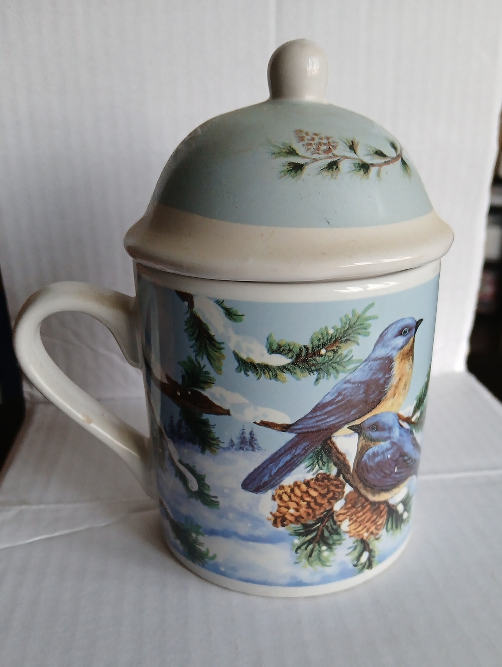 Vintage Ceramic Blue Bird Mug With Matching Lid